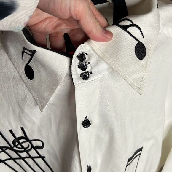 Axxess White Cotton Black Music Notes Embroidery High Collar French Cuff Shirt 3 - Picture 5 of 7